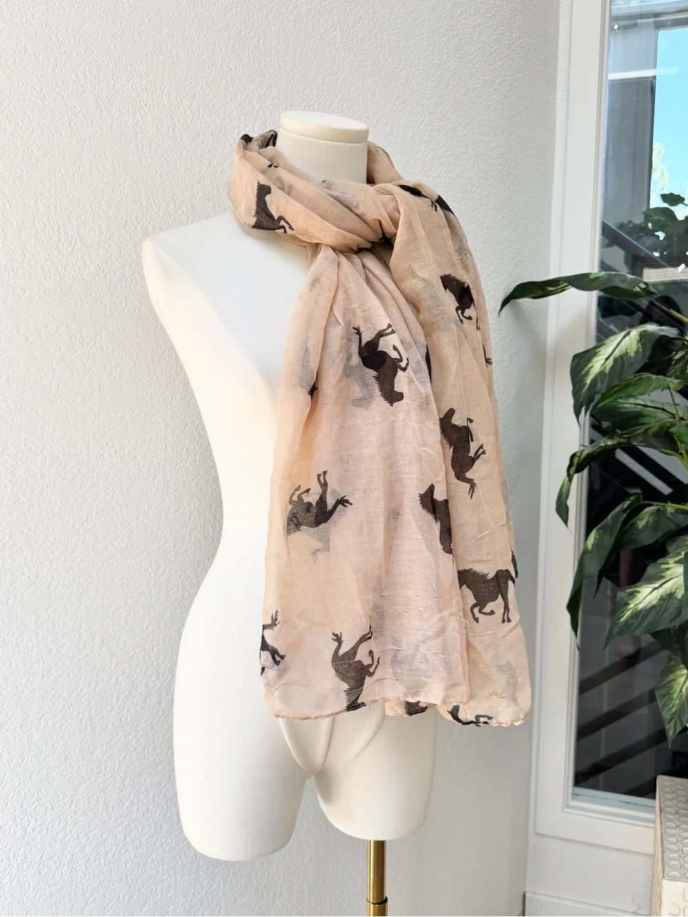 Large 68” Light Beige Black Horse Print Scarf Sheer Linen *wounded/clearance